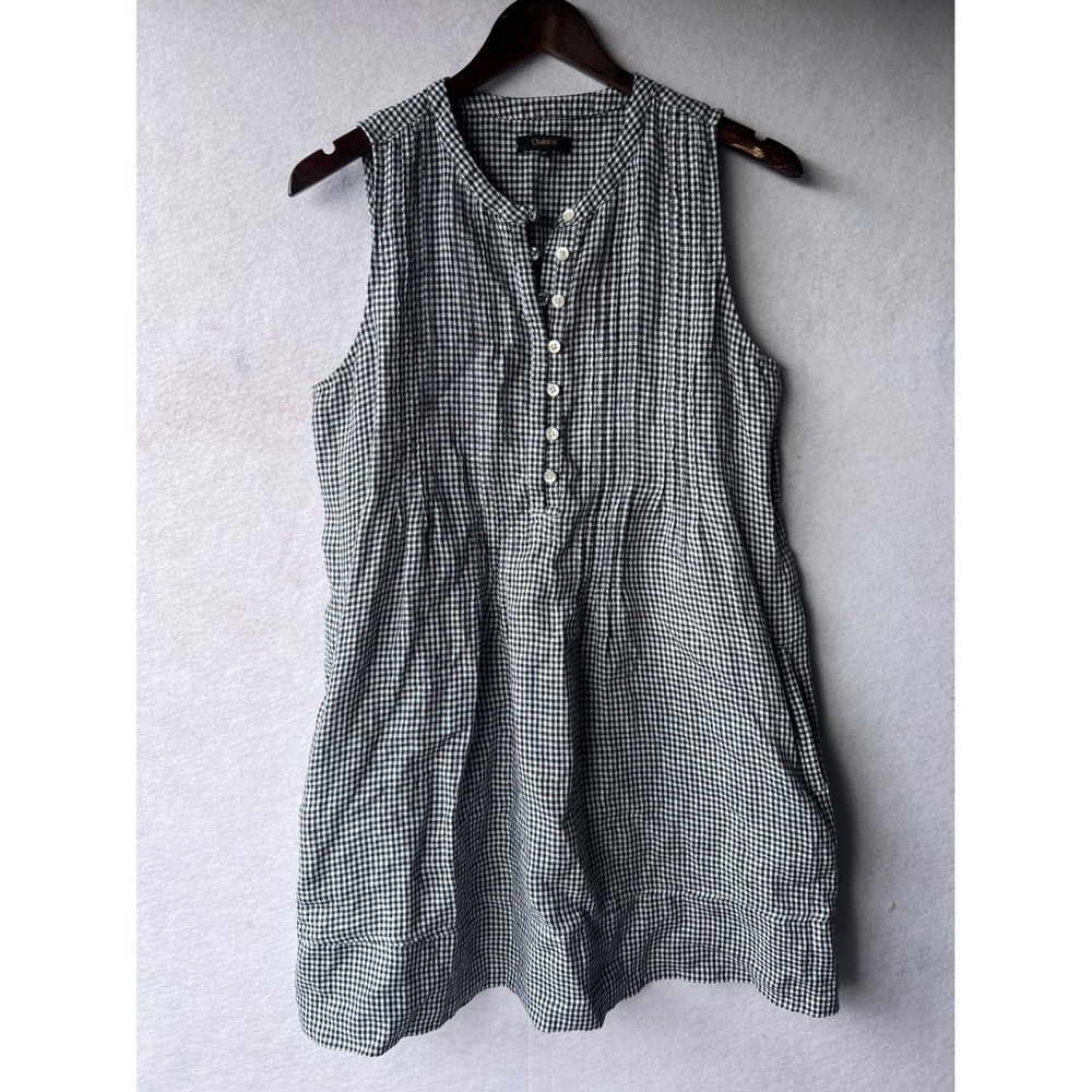 Quince Black White Gingham 100% Linen Sleeveless Button Front Pocket Dress M